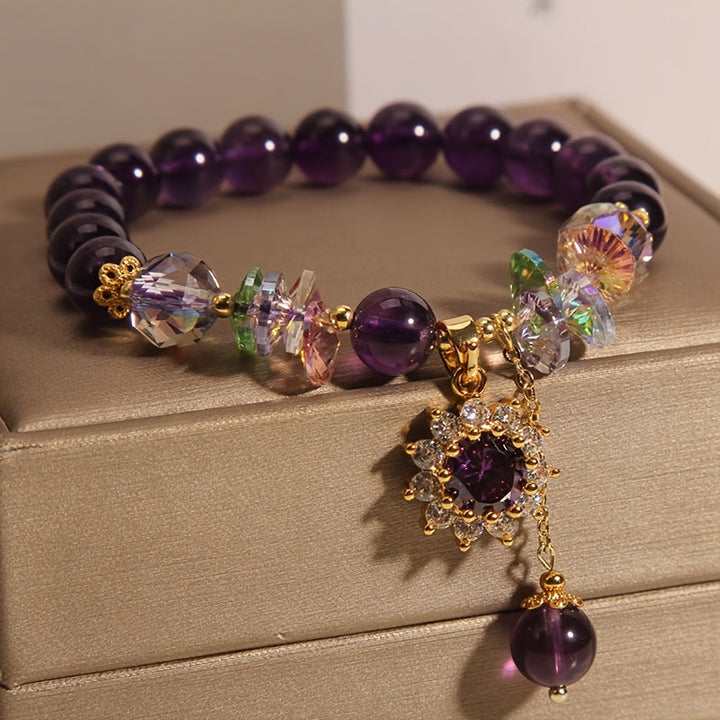 Winter | Purple Bead Bracelet with Sparkling Crystal Pendant