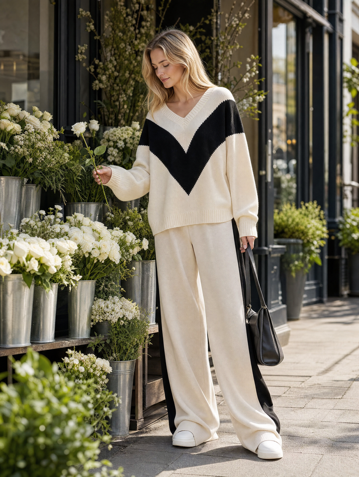 Stylish Casual Black And White Color-Block Long-Sleeve Sweater And Pants Set