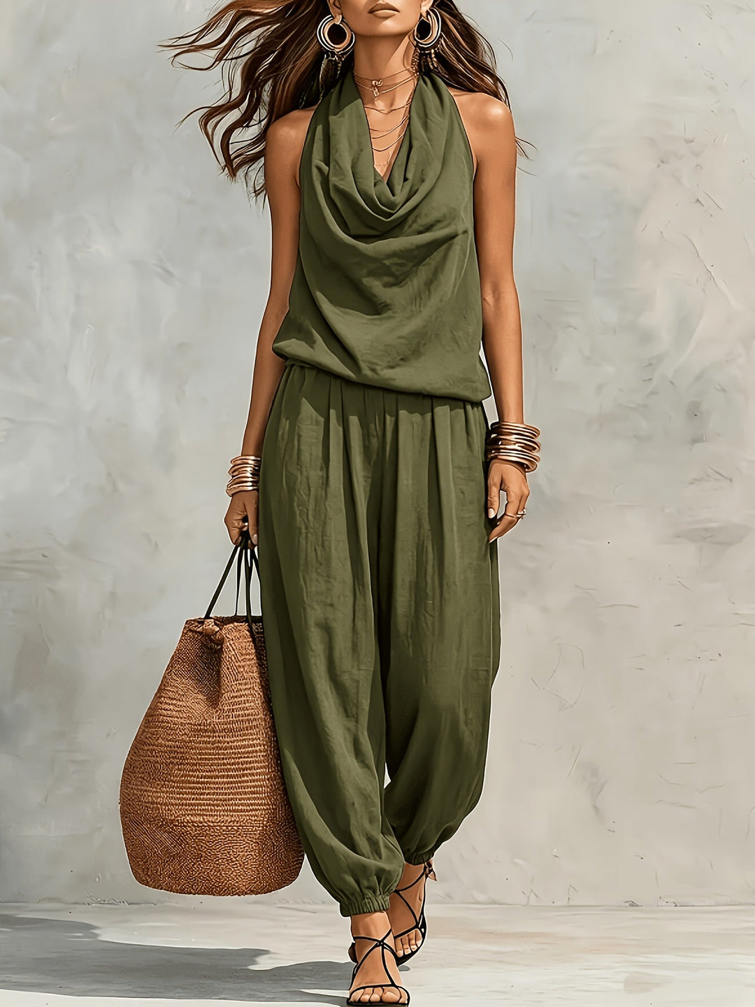 Allegra | Halter Top and Wide Leg Pants Set with Linen Texture