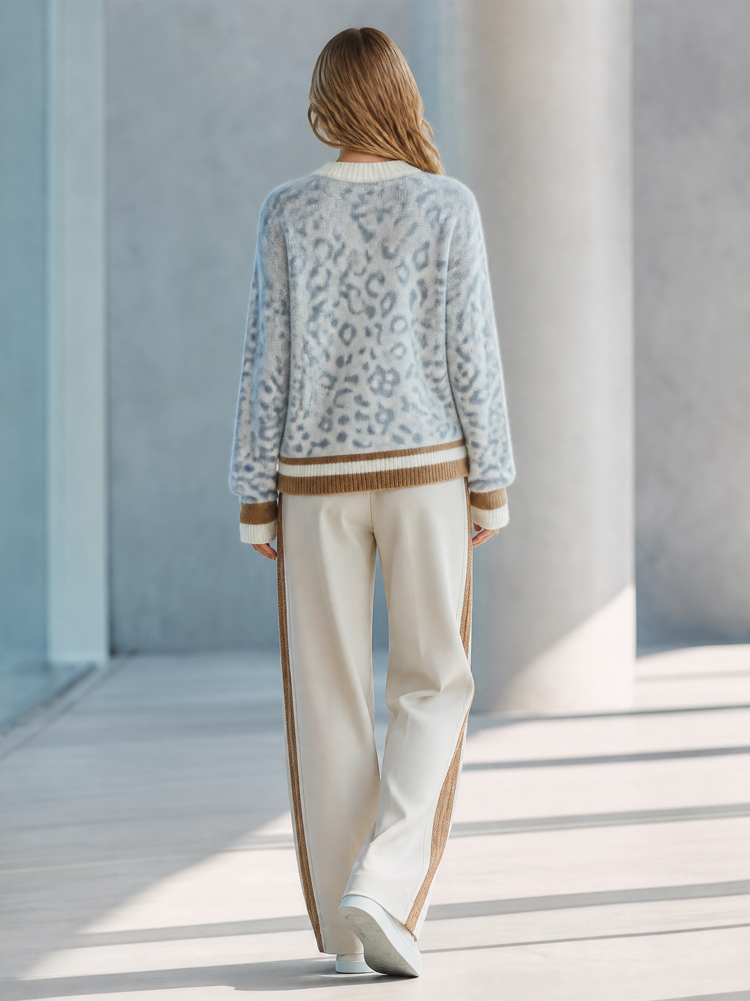 Light Blue Leopard Contrast Trim Knit Sweater Straight‑Leg Pants Set