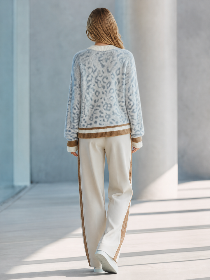 Light Blue Leopard Contrast Trim Knit Sweater Straight‑Leg Pants Set