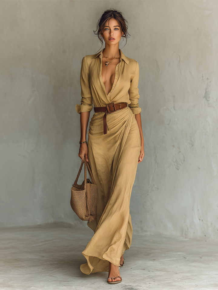Sandra - Belted Shirt Maxi Dress