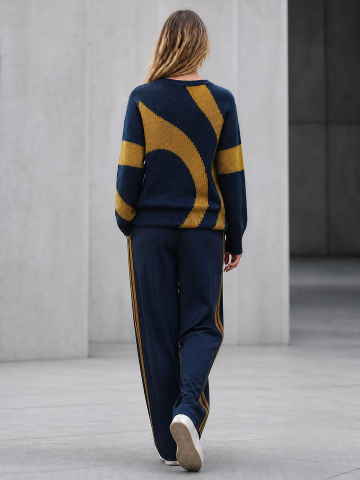 Navy Blue Color-block Jacquard V-neck Sweater And Wide-leg Casual Trousers Set