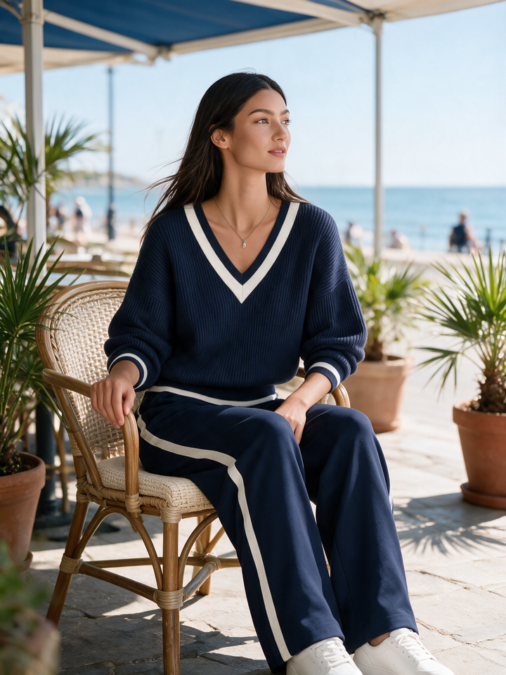 Off-white lightweight sweater and wide-leg trousers set