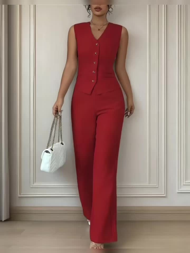 Malia |Elegant Vest with V-Neck and Straight Pants Set