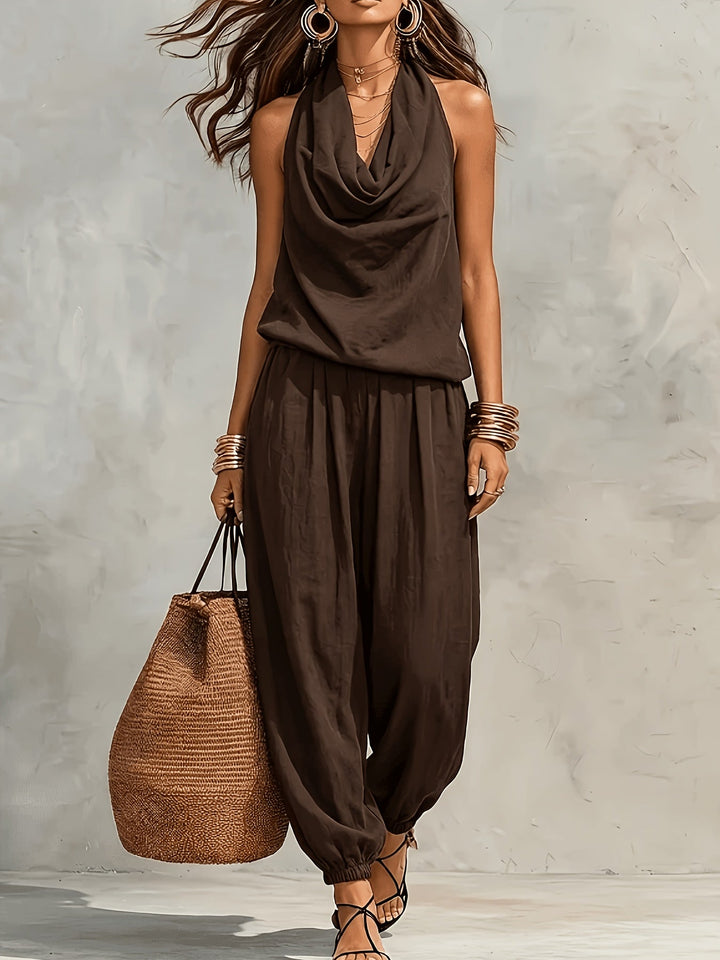 Allegra | Halter Top and Wide Leg Pants Set with Linen Texture