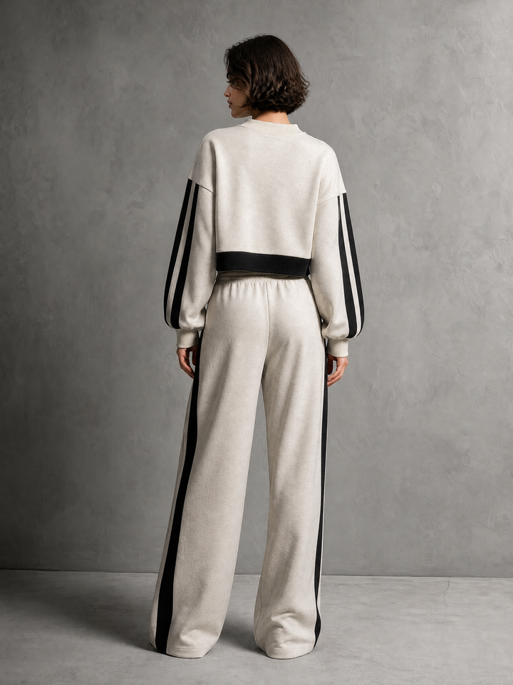 Ecru & Black Cropped Sweatshirt And Wide-Leg Pants Set