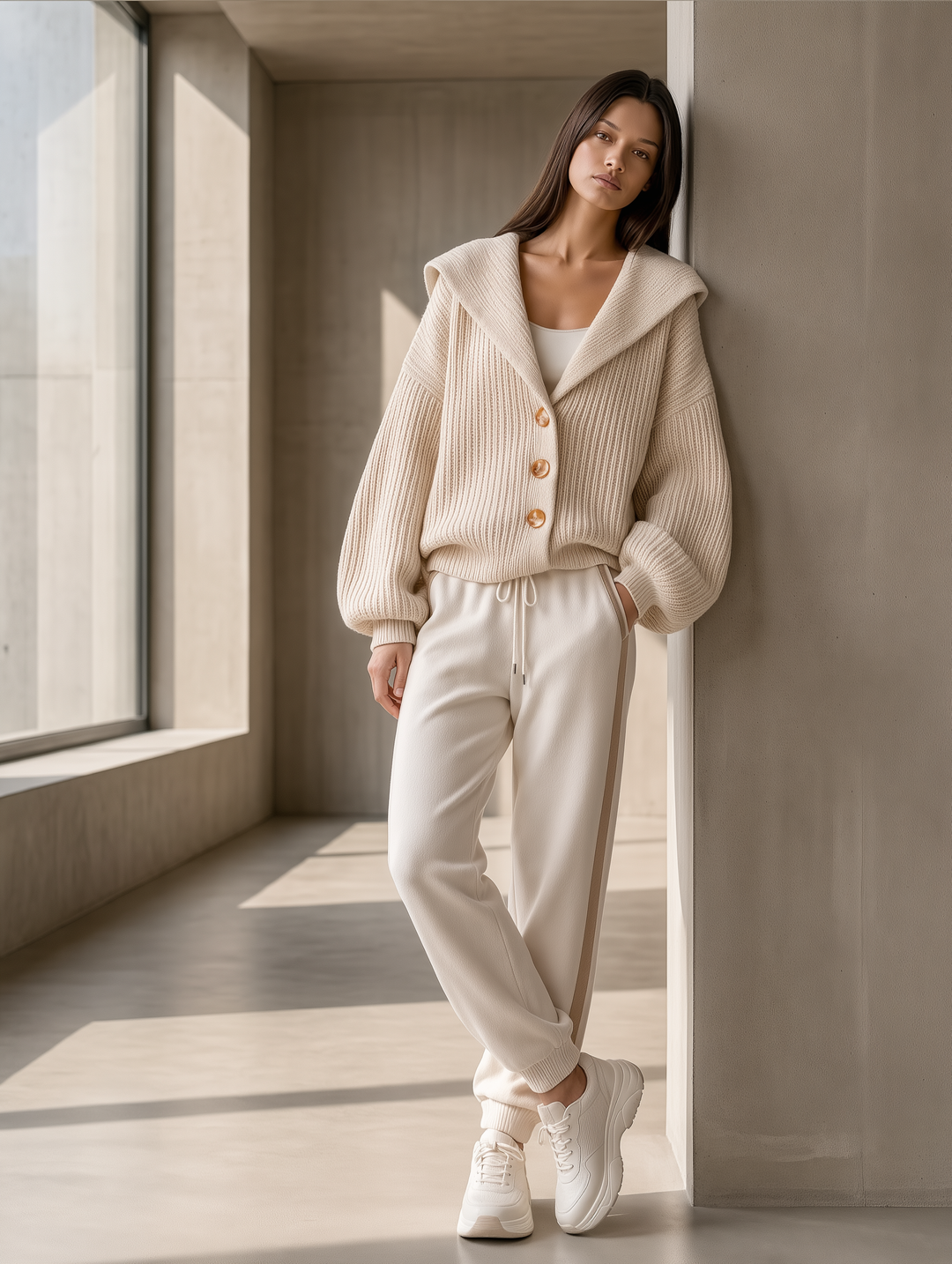 Cream Shawl-Collar Knit Cardigan & Side-Stripe Jogger Pants Set