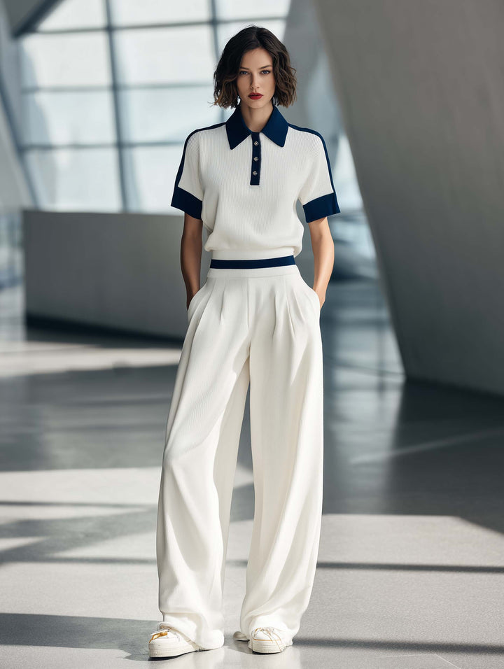 Women's Fashionable Casual Style White Short-sleeved Collared Top And Trousers Set