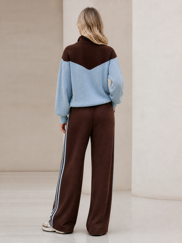 Brown‑Blue Color‑Block Half‑Zip Knit Top Wide Leg Pants Set
