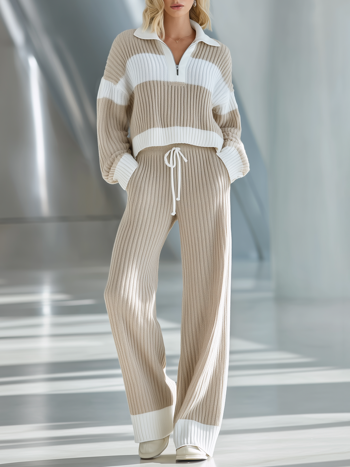 Women's Beige And White Striped Knitted Collared Half-zip Casual Set