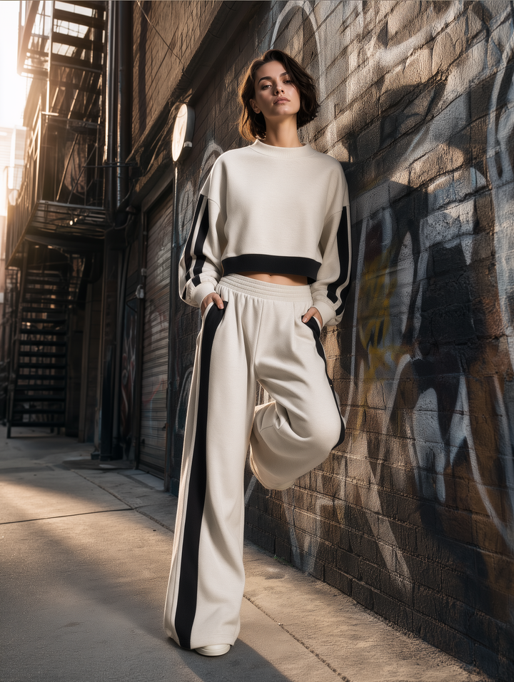 Ecru & Black Cropped Sweatshirt And Wide-Leg Pants Set