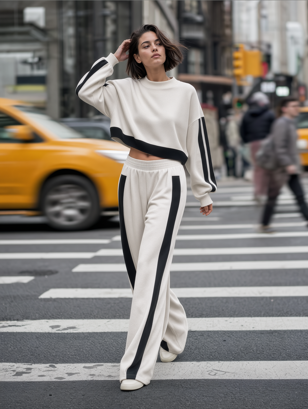 Ecru & Black Cropped Sweatshirt And Wide-Leg Pants Set