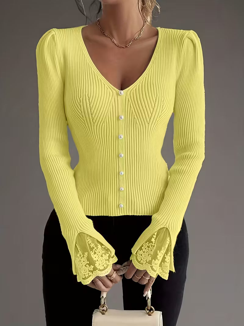 Eviorenne™ Ribbed Blouse with V-Neck and Lace Sleeves