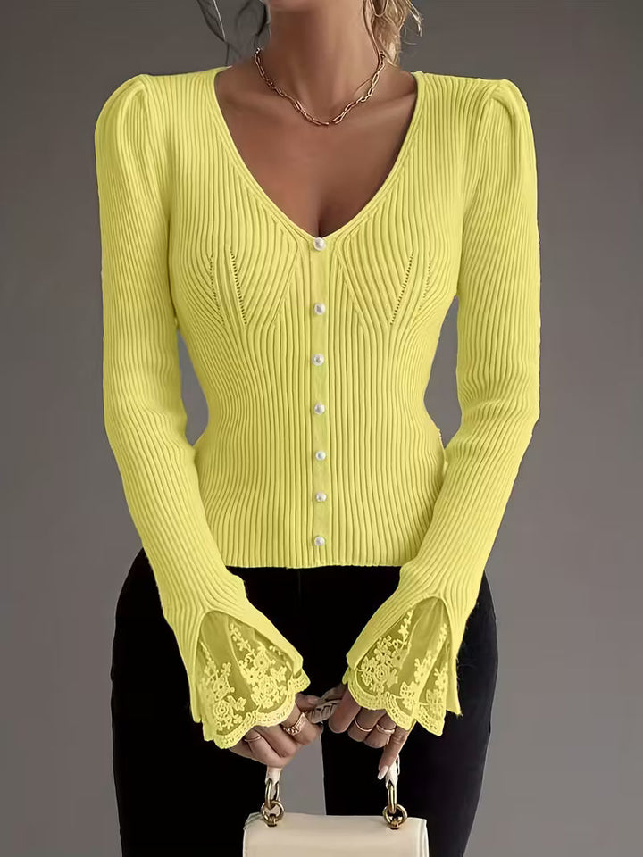 Eviorenne™ Ribbed Blouse with V-Neck and Lace Sleeves