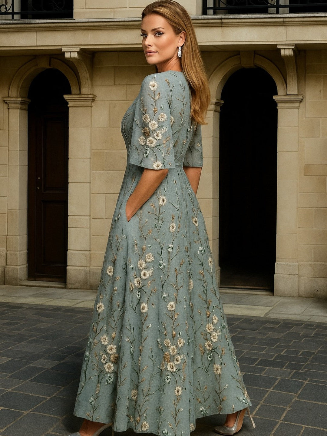 Hazel - Elegant V-Neck Belted Boho Dress