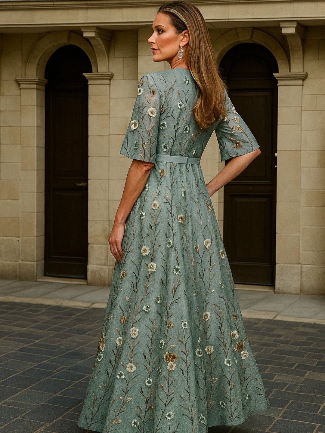 Hazel - Elegant V-Neck Belted Boho Dress