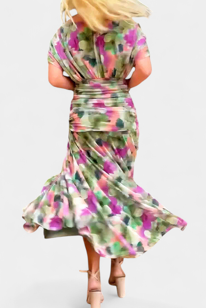 Alondra – Women’s long dress with a floral print and a V-neck