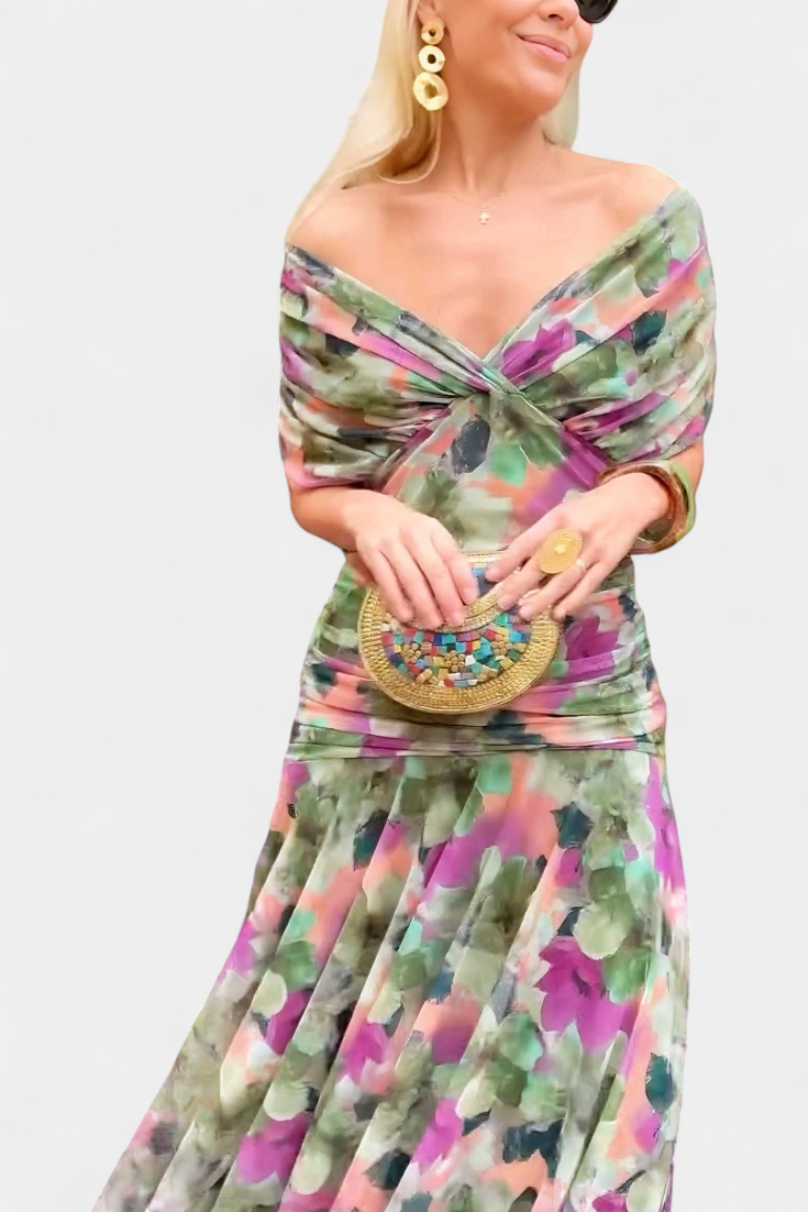 Alondra – Women’s long dress with a floral print and a V-neck
