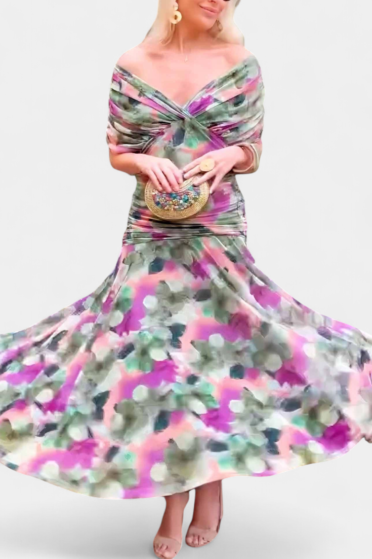 Alondra – Women’s long dress with a floral print and a V-neck