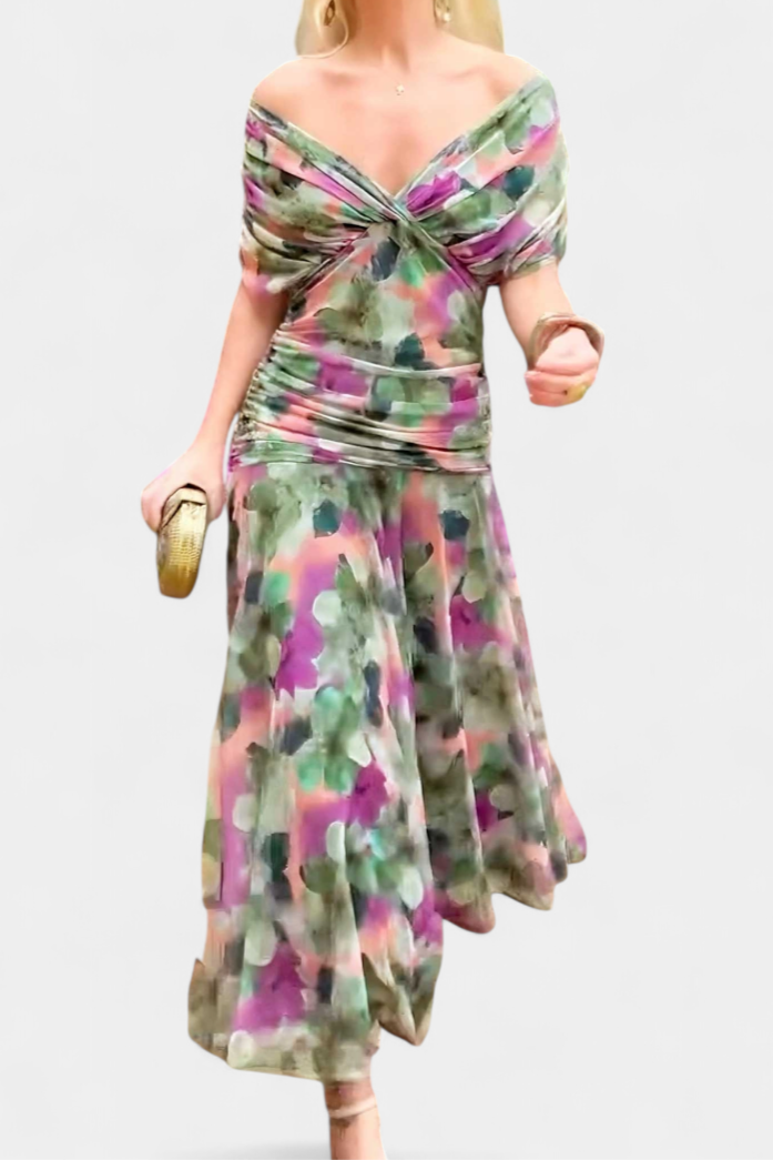 Alondra – Women’s long dress with a floral print and a V-neck