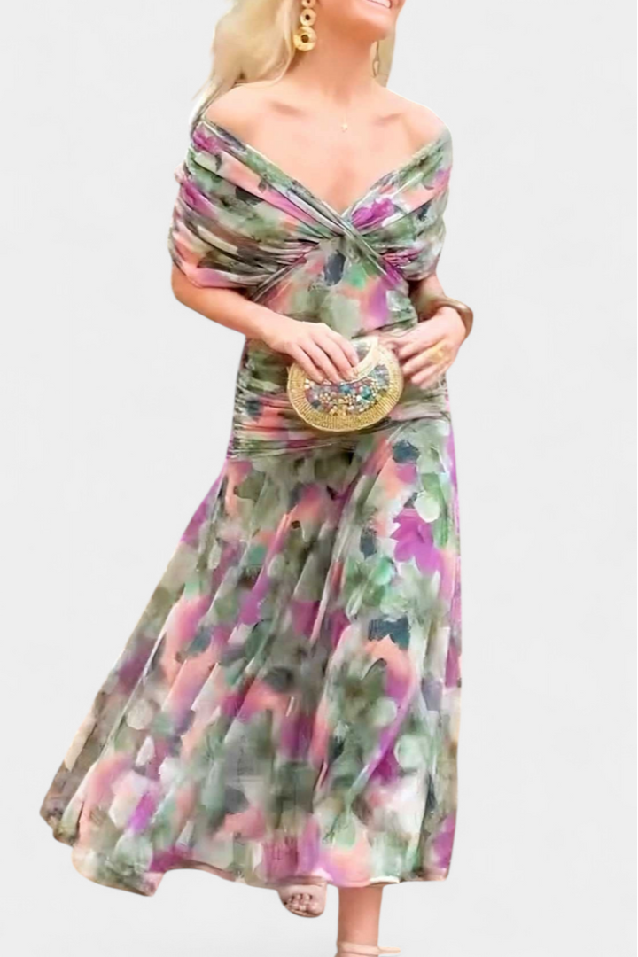 Alondra – Women’s long dress with a floral print and a V-neck