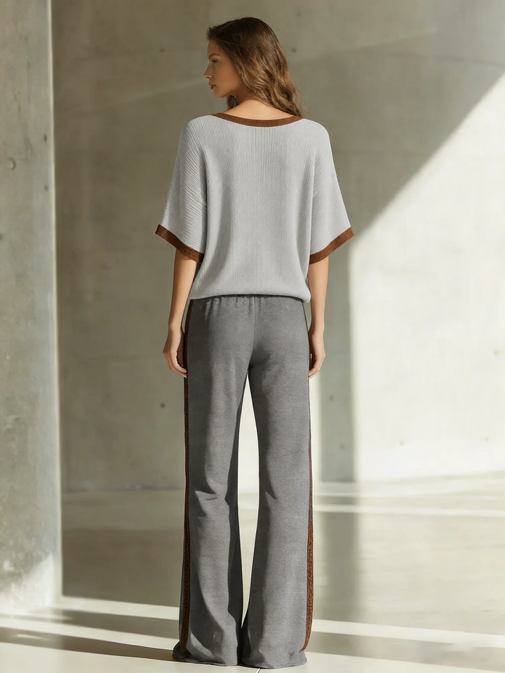 Women's Fashionable Casual Grey Color-block V-neck Short-sleeved Top And Trousers Set