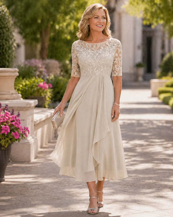 Adeline™ | Lace-Drape Occasion Midi Dress