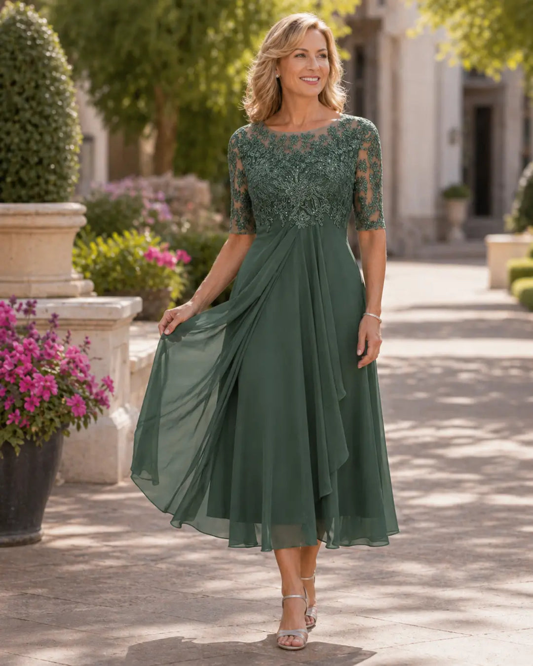 Adeline™ | Lace-Drape Occasion Midi Dress
